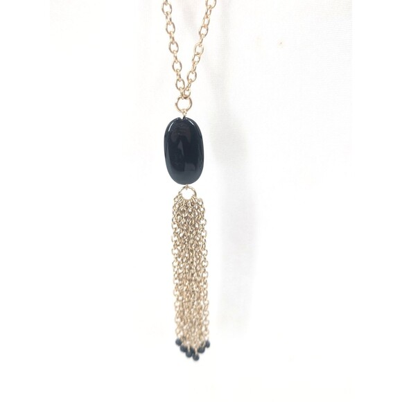 Gold Tone Tassel Black Beads Fringe Long Chain Tassel Vtg Statement Necklace - Picture 2 of 6